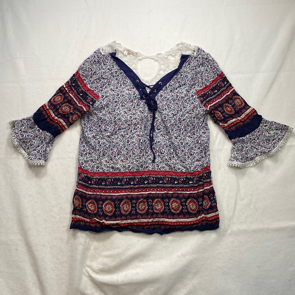 Daniel 3/4 Sleeve Blouse Cotton Blue White Red Floral Womens Size L